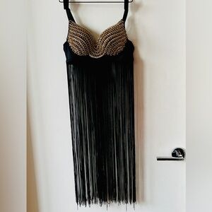 Love J Gold and silver chain embellished bra with long black fringe